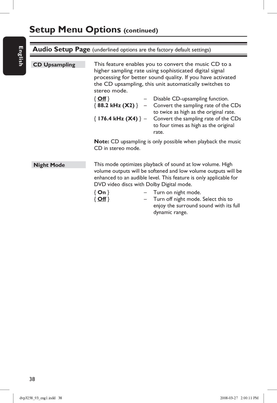 Philips DVP3258/93 manual CD Upsampling, 88.2 kHz, 176.4 kHz, Night Mode 