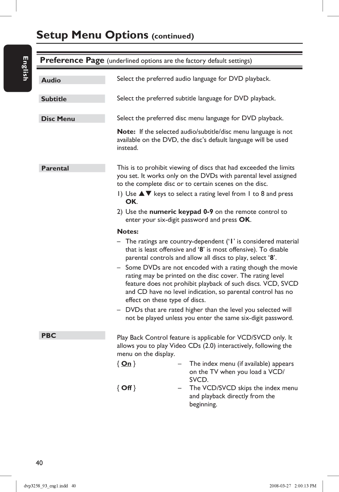 Philips DVP3258/93 manual Instead, Parental, On the TV when you load a VCD, Playback directly from, Beginning 