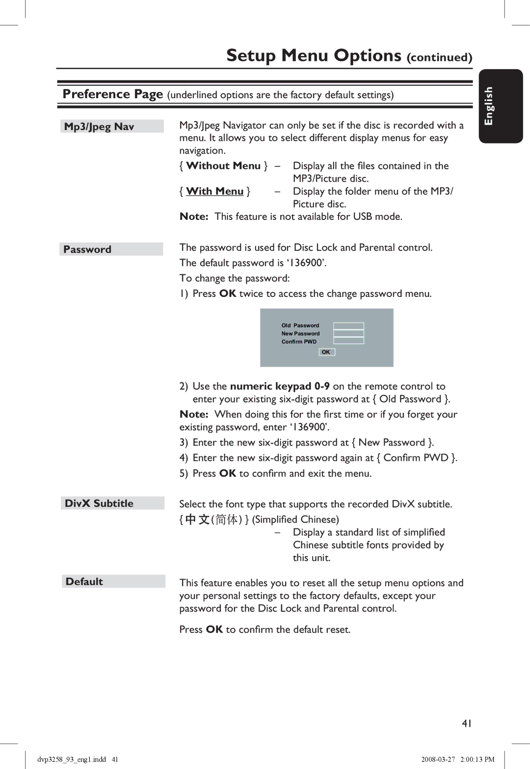 Philips DVP3258/93 manual Mp3/Jpeg Nav Password, DivX Subtitle Default, This unit, Press OK to confirm the default reset 