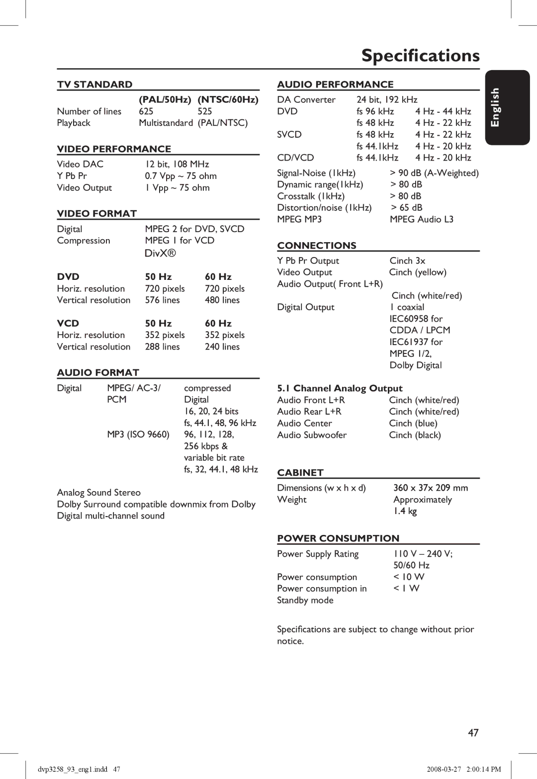 Philips DVP3258/93 manual Specifications, DivX 