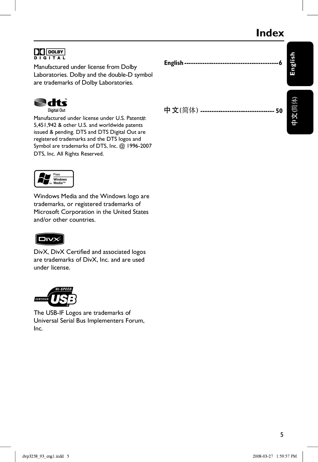 Philips DVP3258/93 manual Index, English 