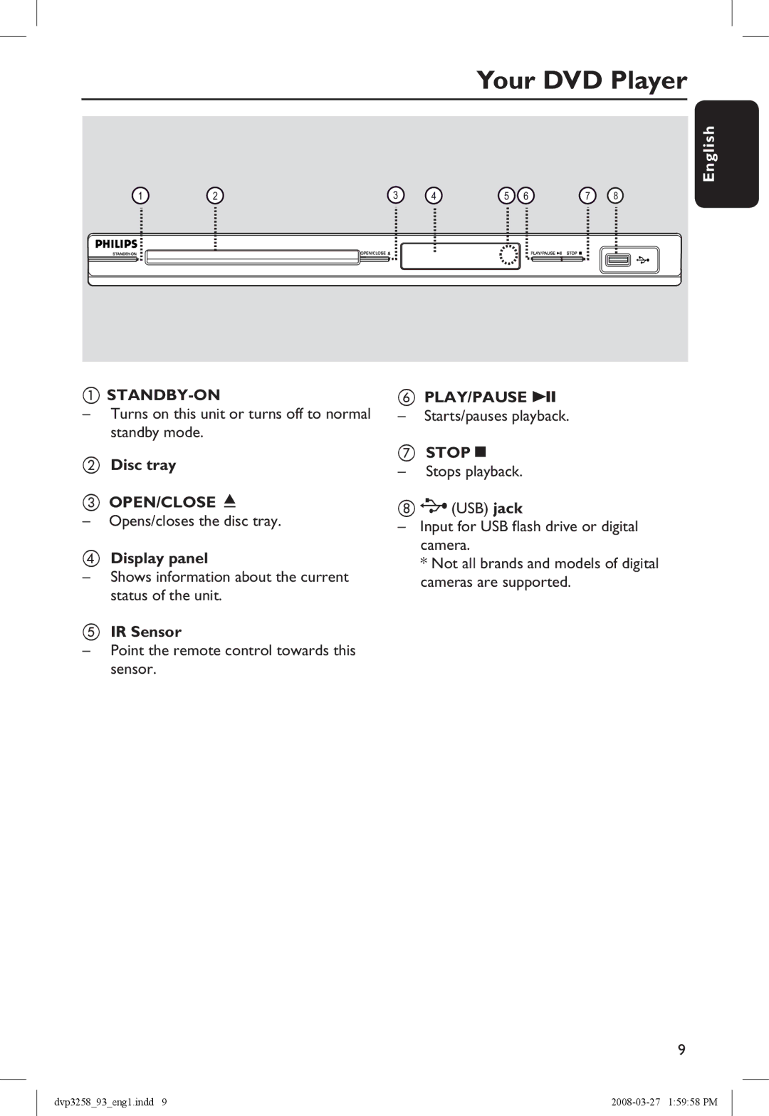 Philips DVP3258/93 manual Your DVD Player, Disc tray OPEN/CLOSE ç, Display panel, IR Sensor, PLAY/PAUSE u 