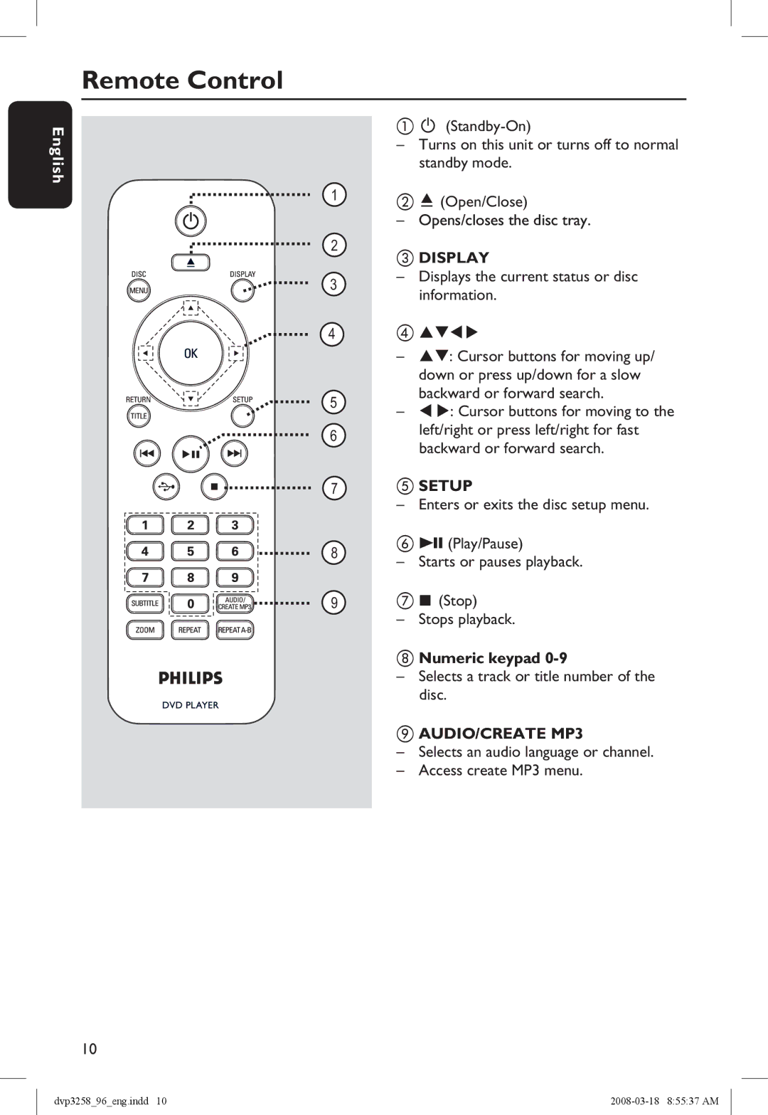 Philips DVP3258/96 manual Remote Control, Displays the current status or disc information, Numeric keypad 