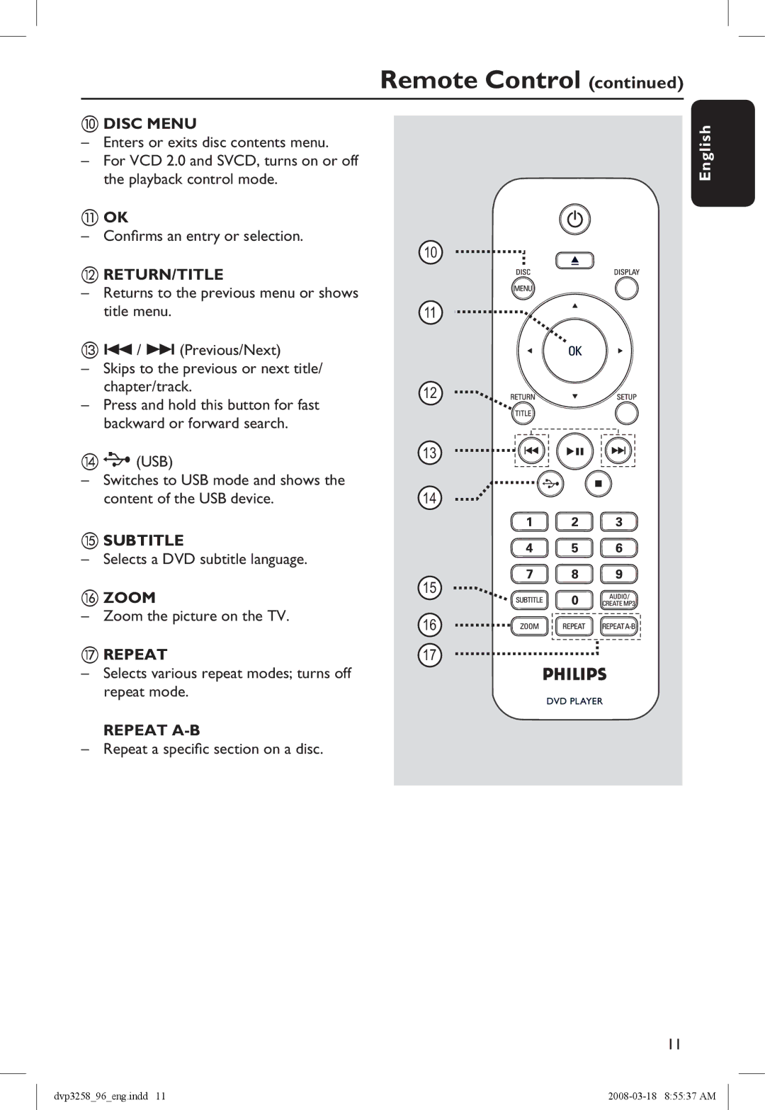 Philips DVP3258/96 manual Selects a DVD subtitle language, Zoom the picture on the TV, Repeat a specific section on a disc 