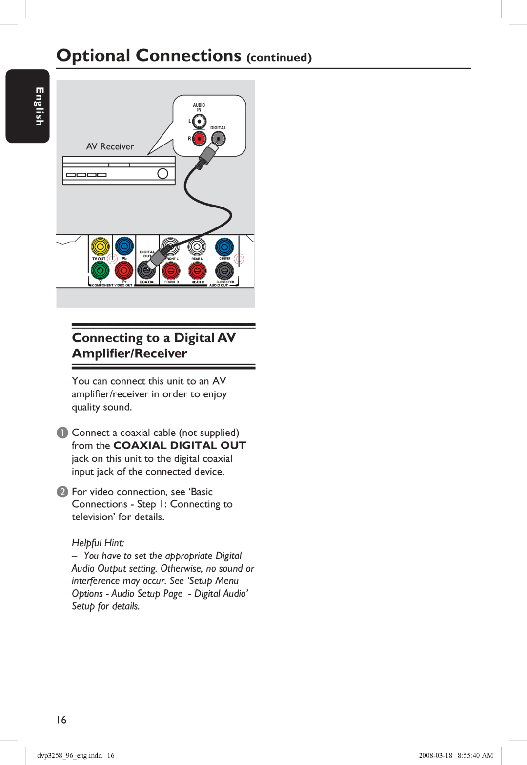 Philips DVP3258/96 manual Connecting to a Digital AV Amplifier/Receiver 
