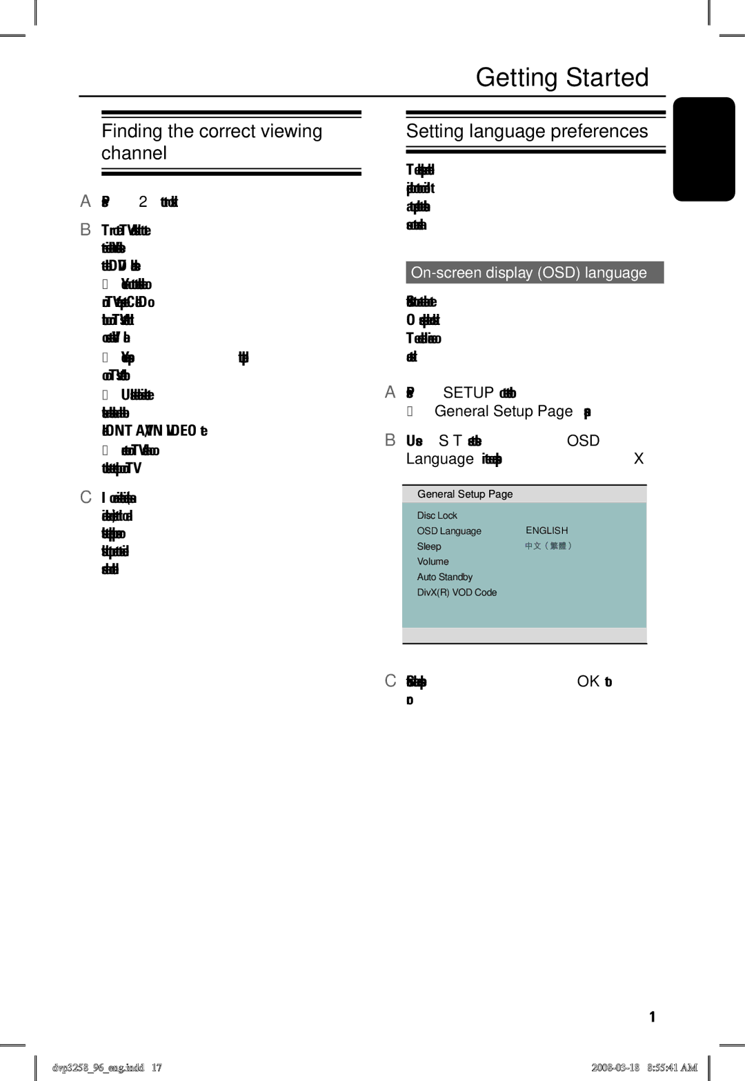 Philips DVP3258/96 manual Getting Started, Finding the correct viewing channel, On-screen display OSD language 