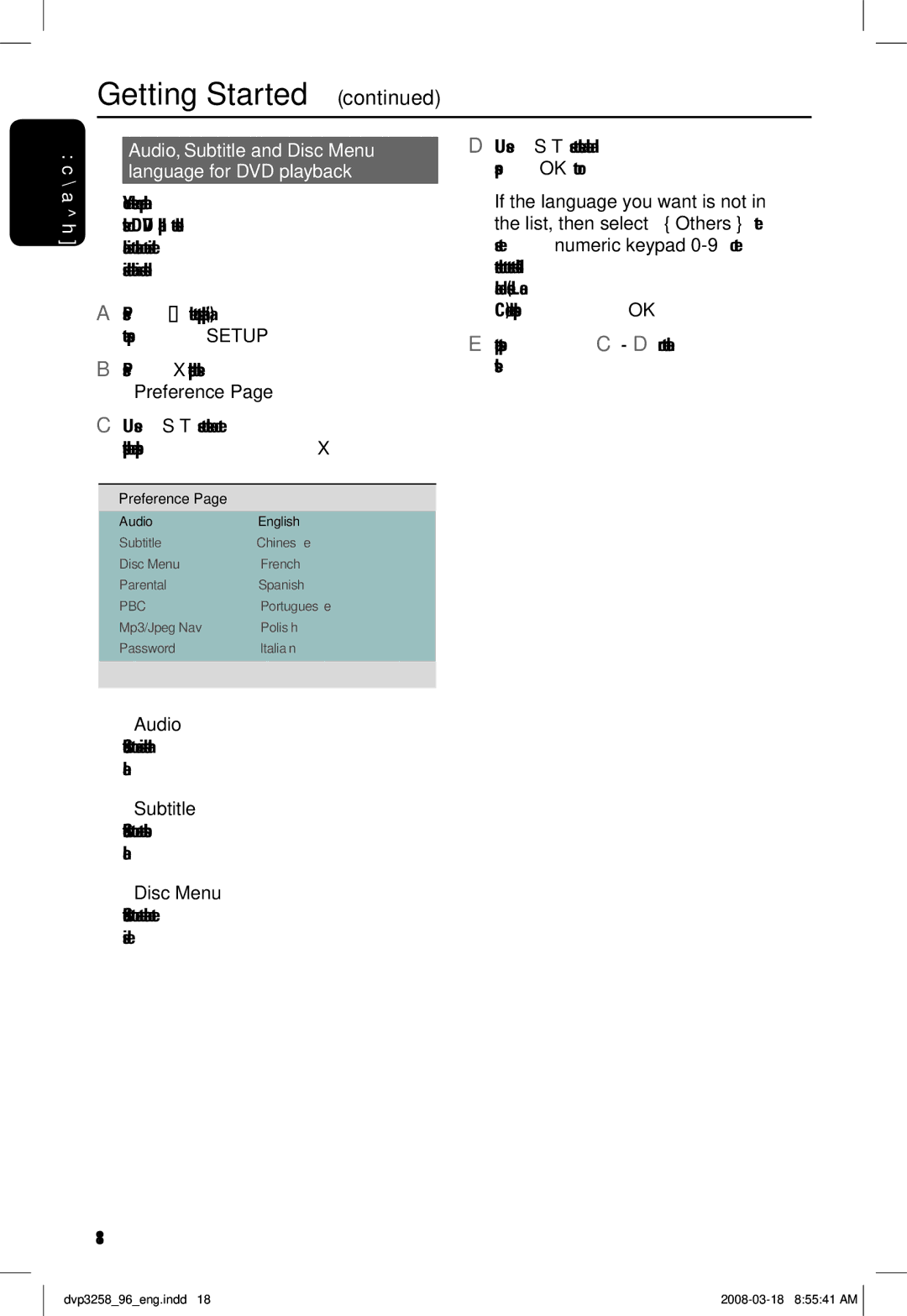 Philips DVP3258/96 manual Preference, Audio, Subtitle, Disc Menu 