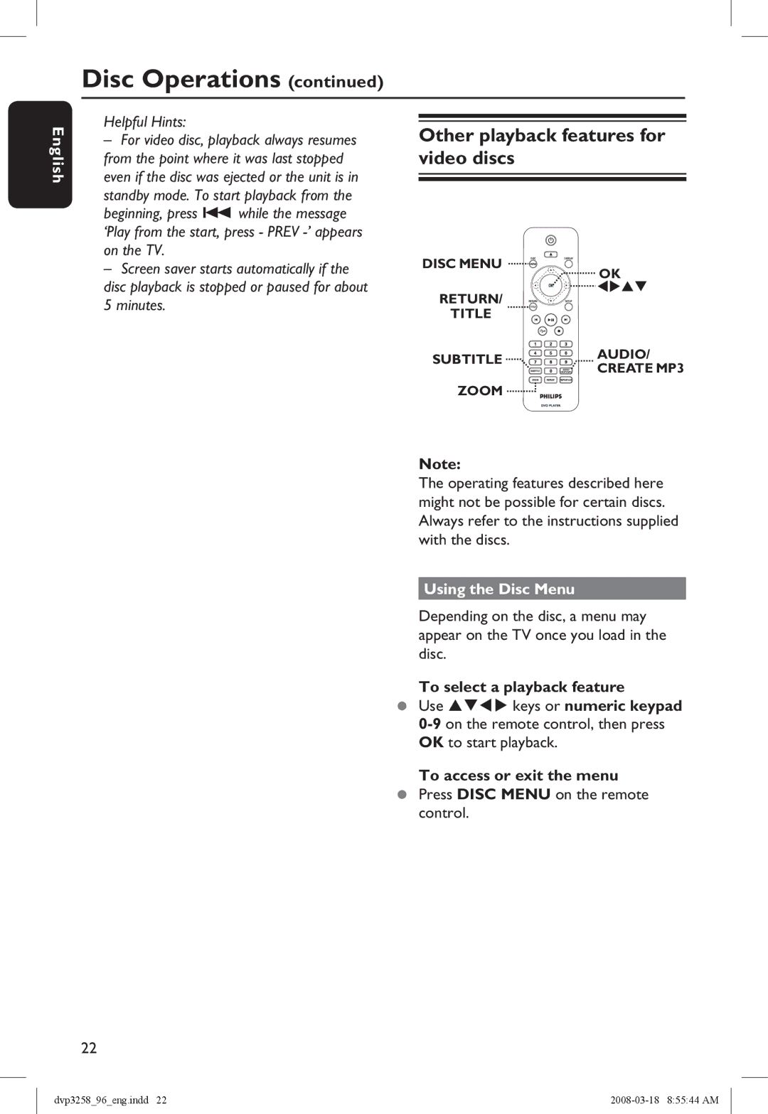 Philips DVP3258/96 manual Other playback features for video discs, Using the Disc Menu, To select a playback feature 