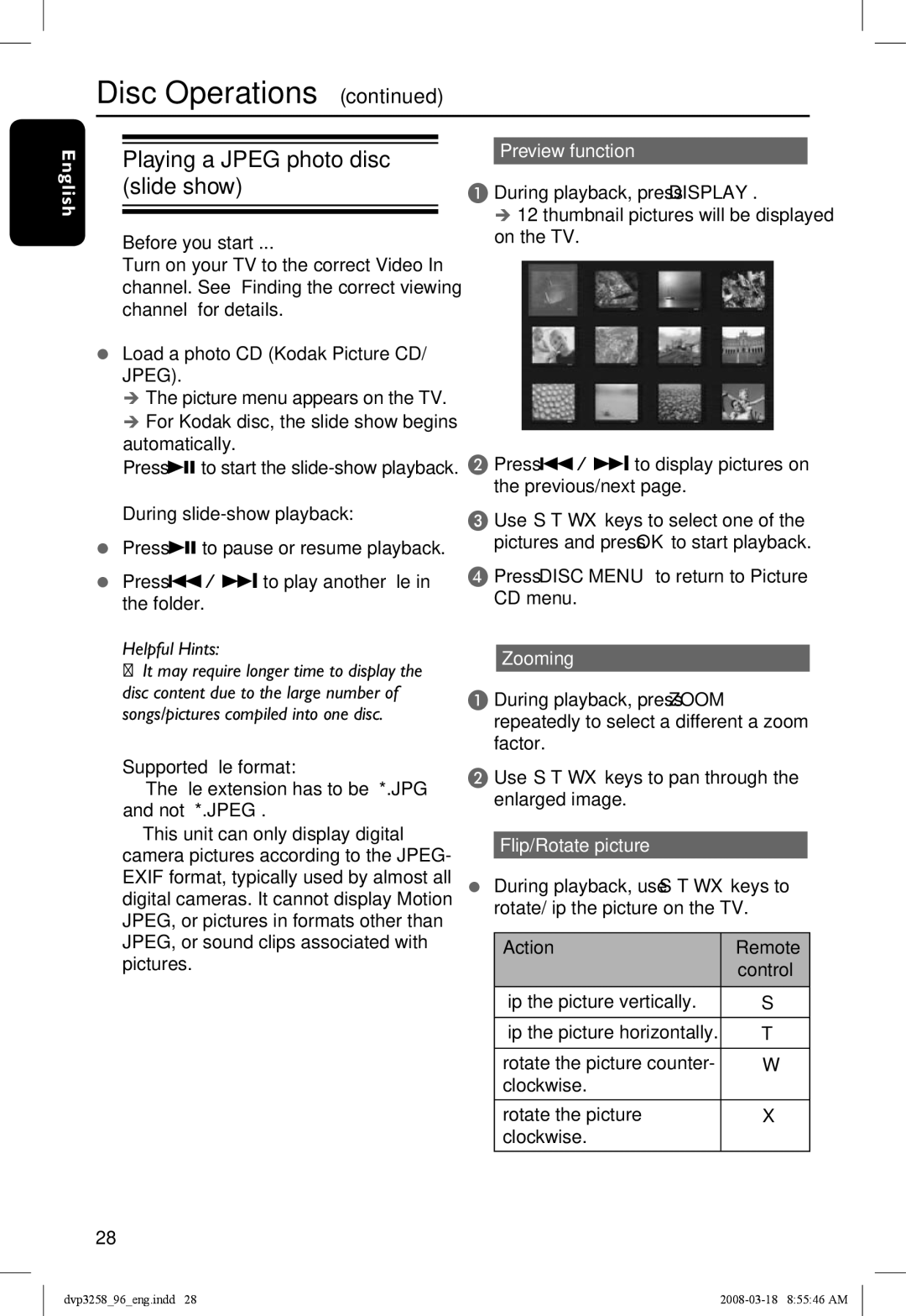 Philips DVP3258/96 Playing a Jpeg photo disc, Slide show, Supported file format, Preview function, Flip/Rotate picture 