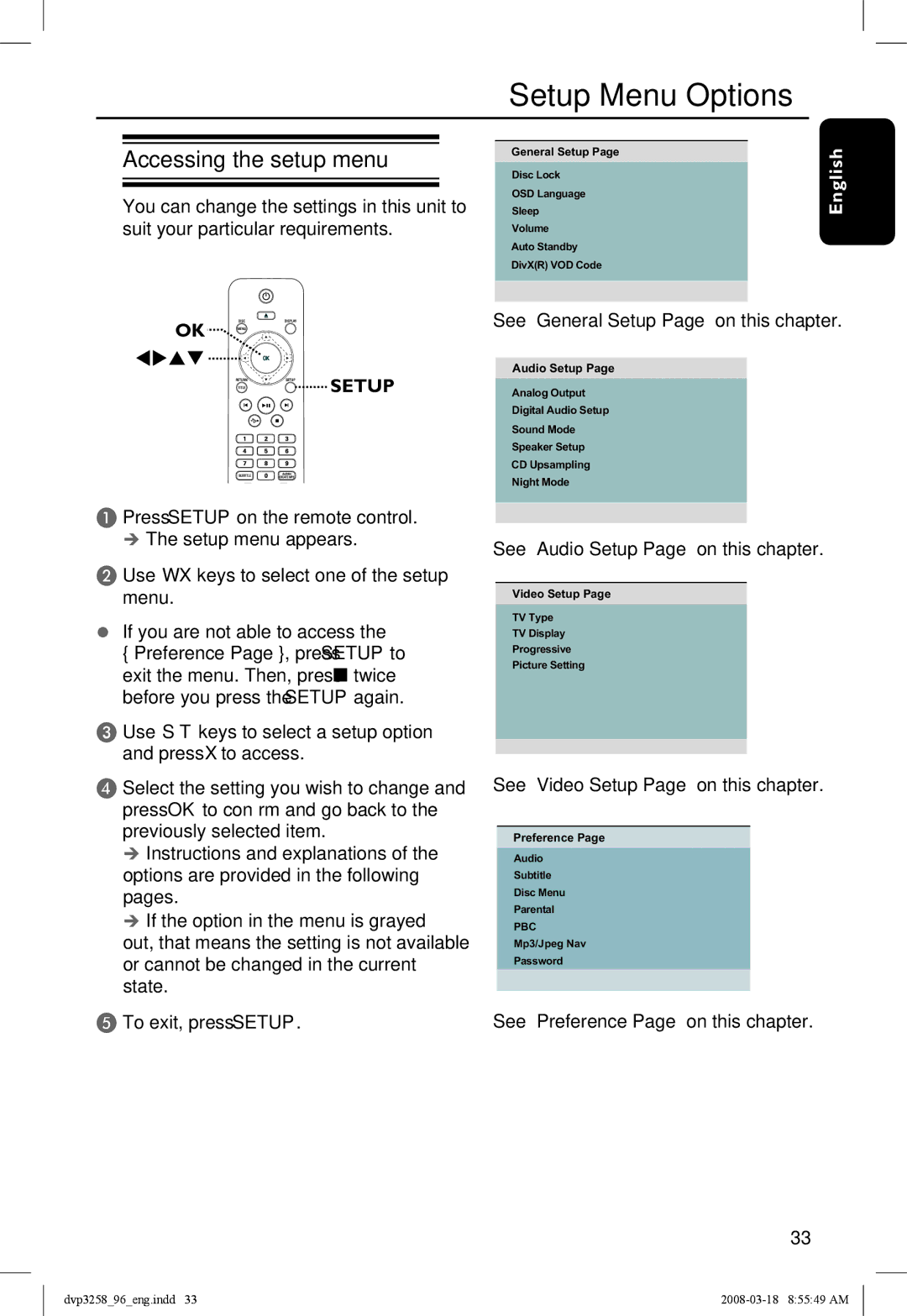 Philips DVP3258/96 manual Setup Menu Options, Accessing the setup menu 