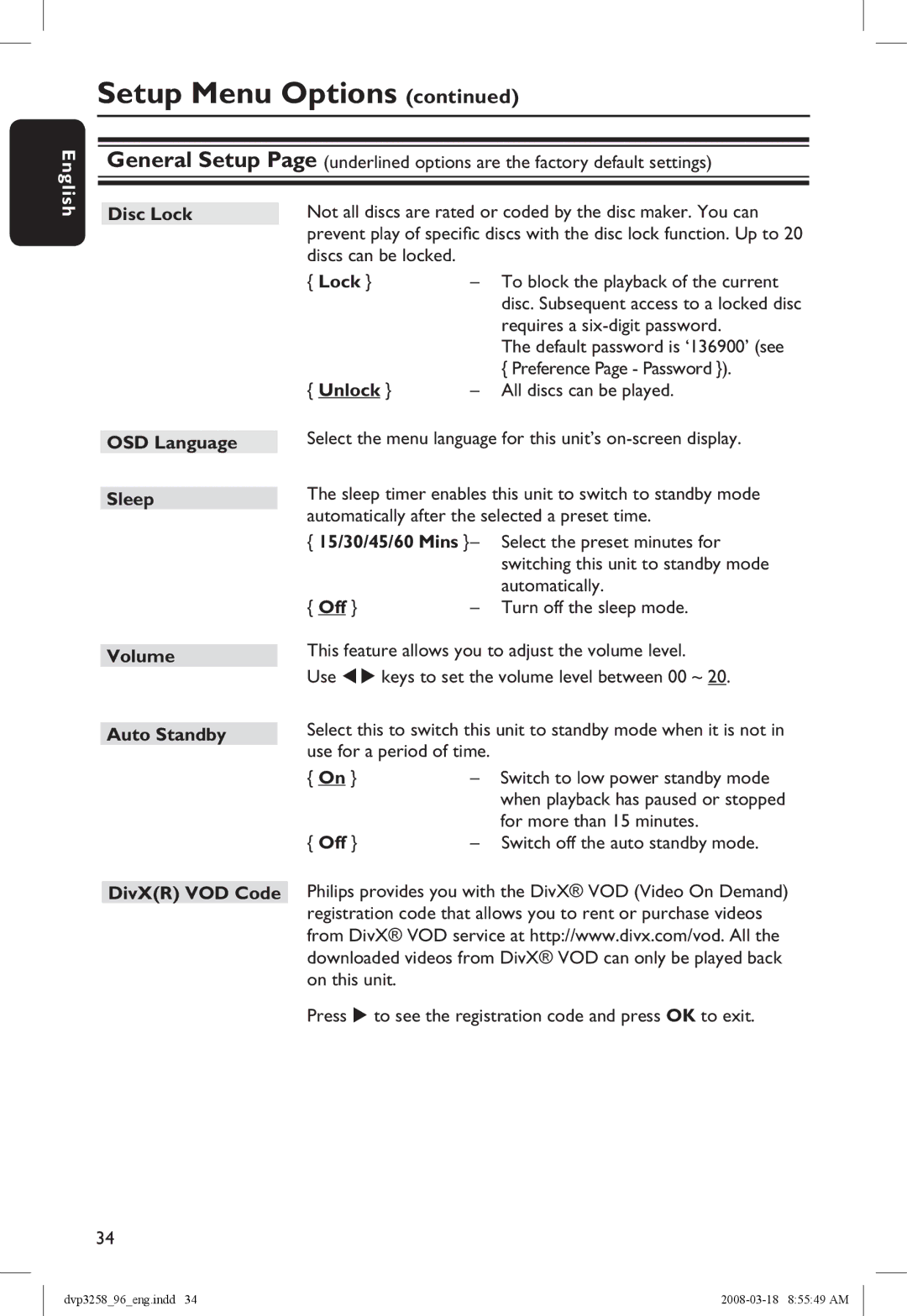 Philips DVP3258/96 manual Disc Lock, Unlock, OSD Language Sleep Volume Auto Standby, Off, DivXR VOD Code 