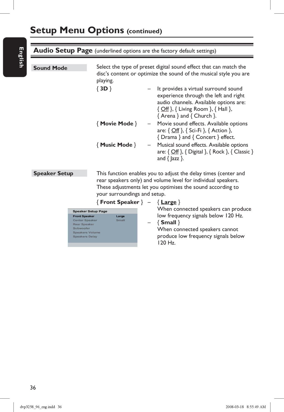 Philips DVP3258/96 manual Sound Mode, Movie Mode, Music Mode, Speaker Setup, Front Speaker Large, Small 