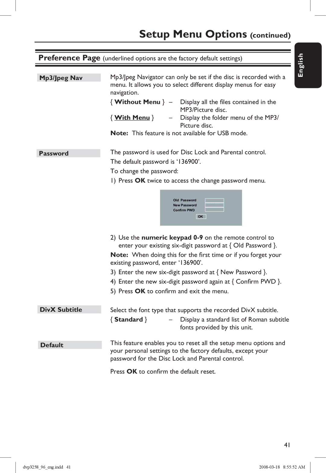 Philips DVP3258/96 manual Mp3/Jpeg Nav Password, DivX Subtitle Default, Fonts provided by this unit 