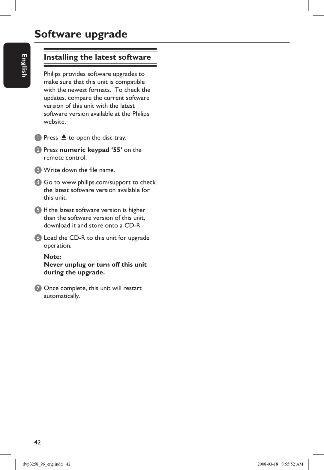Philips DVP3258/96 manual Software upgrade, Installing the latest software, Press numeric keypad ‘55’ on the remote control 