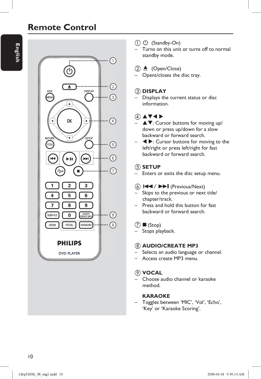 Philips DVP3260K/98 manual Remote Control 