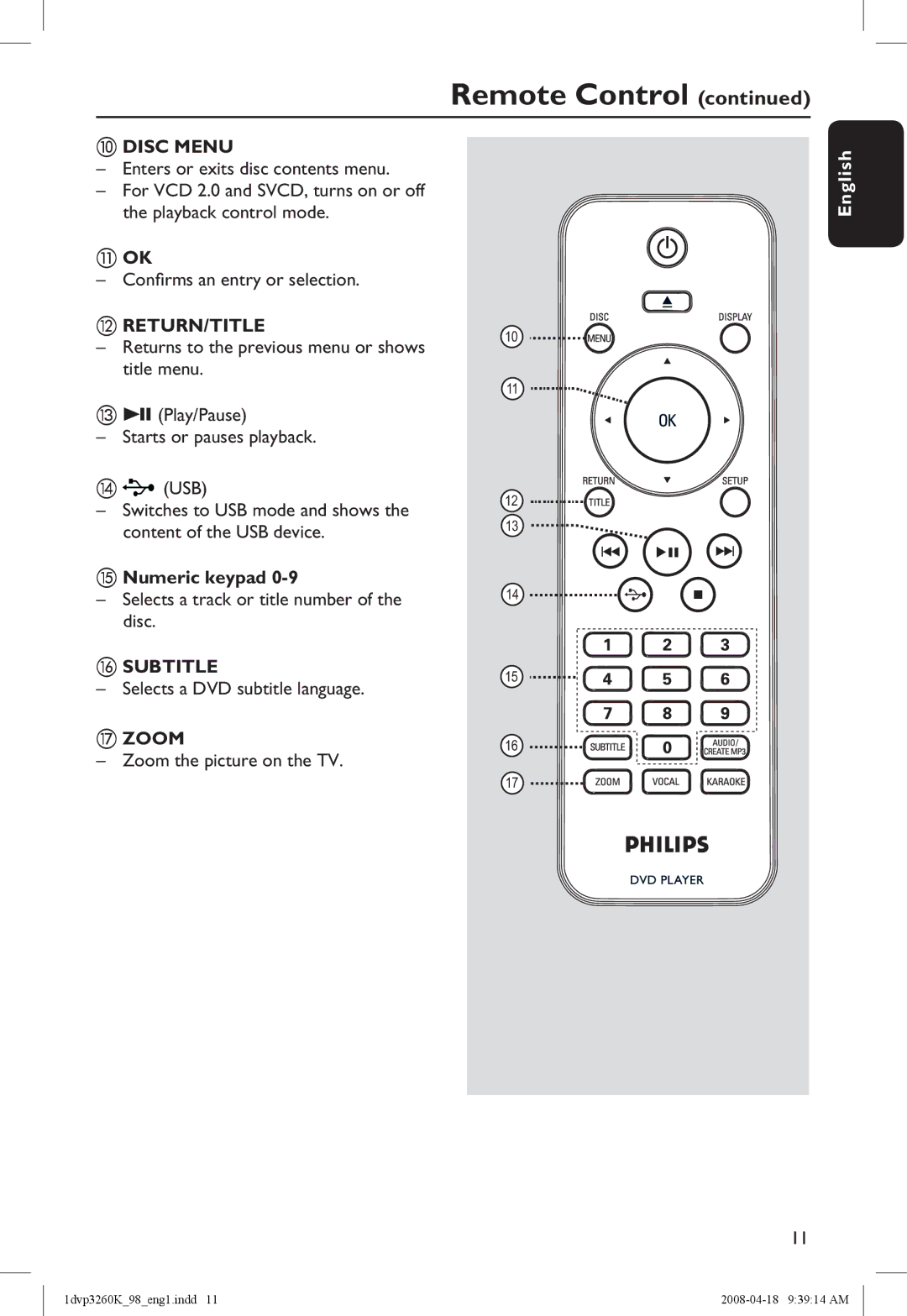 Philips DVP3260K/98 manual Disc Menu, Return/Title, Numeric keypad, Subtitle, Zoom 