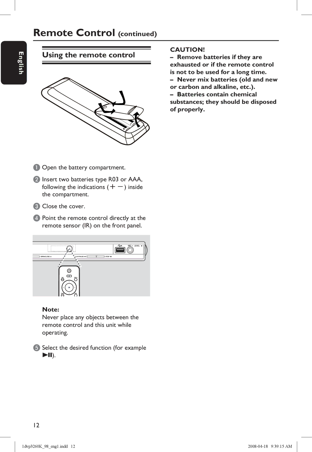 Philips DVP3260K/98 manual Using the remote control 