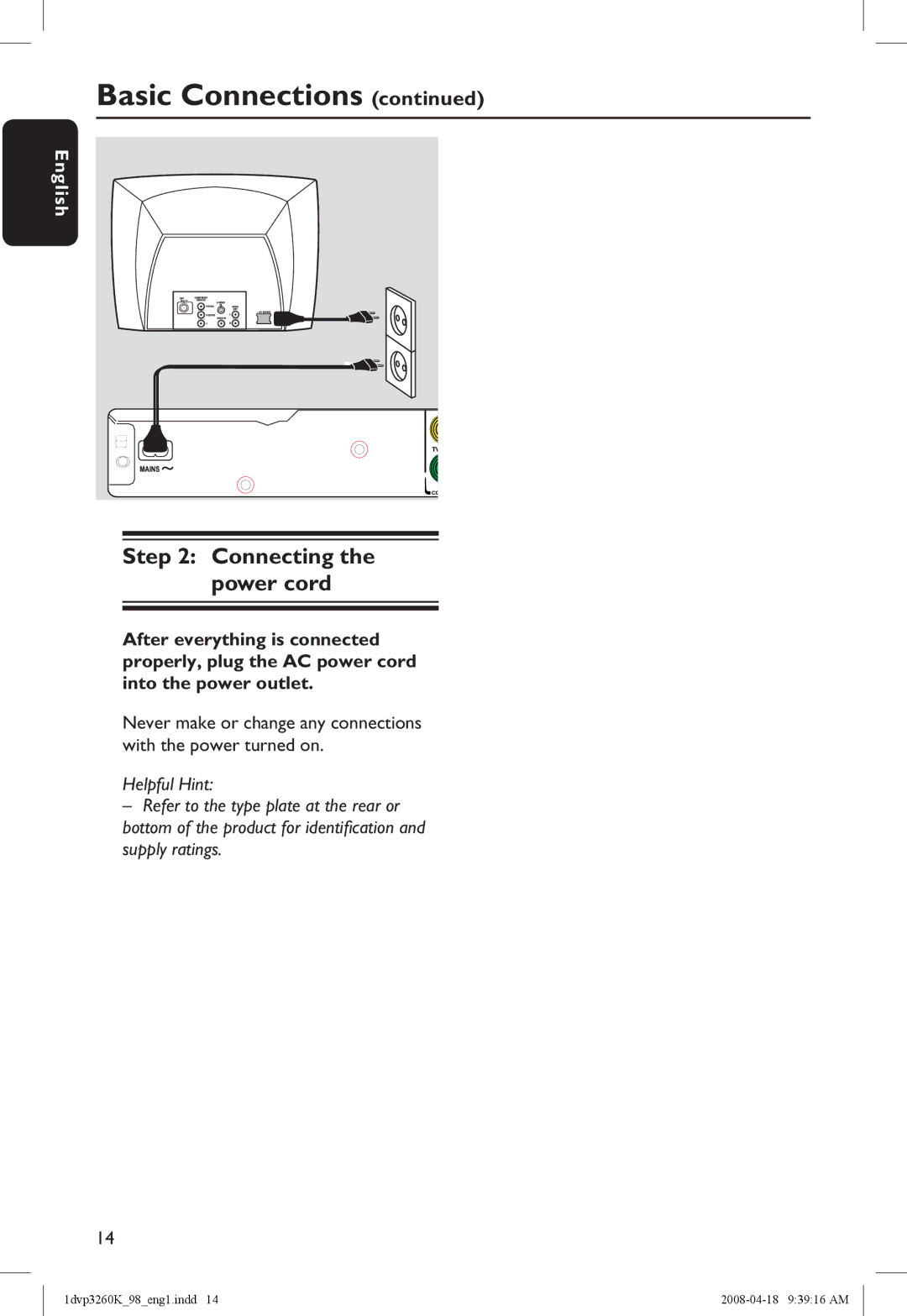 Philips DVP3260K/98 manual Connecting the power cord 