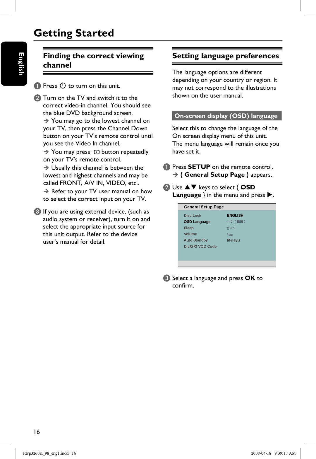 Philips DVP3260K/98 manual Getting Started, Finding the correct viewing channel, Setting language preferences 