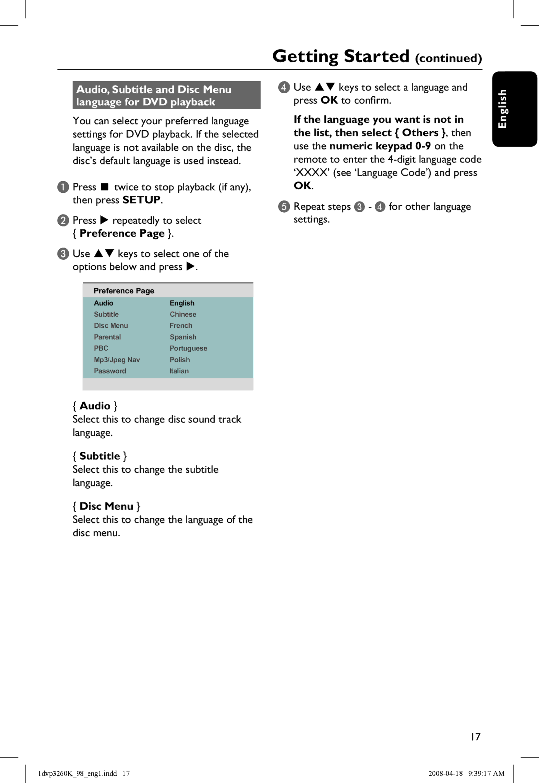 Philips DVP3260K/98 manual Audio, Subtitle and Disc Menu language for DVD playback, Preference 