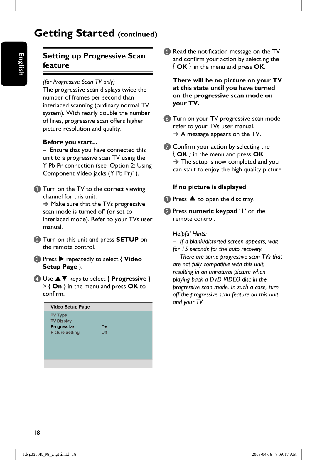 Philips DVP3260K/98 manual Setting up Progressive Scan feature, Before you start 