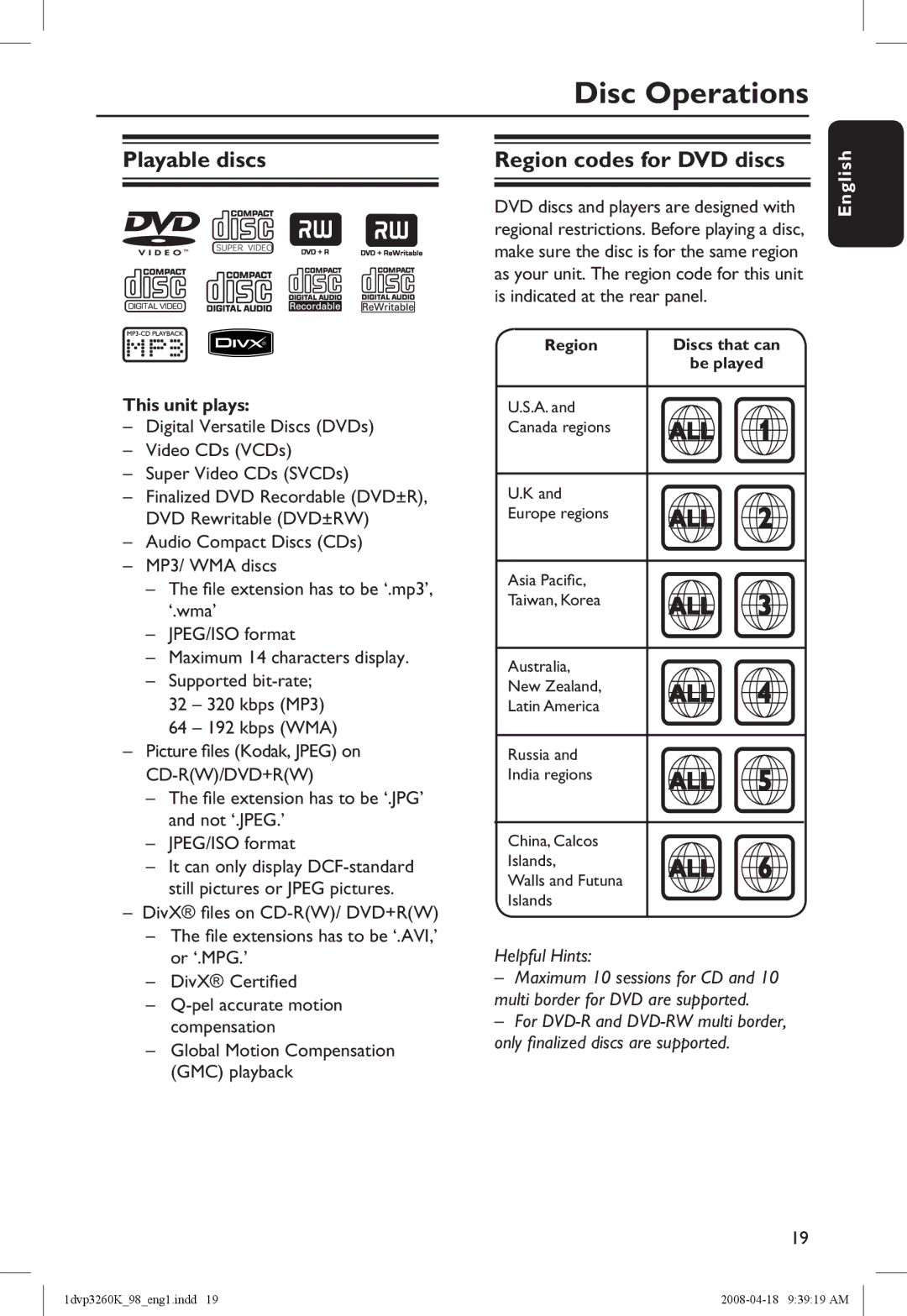 Philips DVP3260K/98 manual Disc Operations, Playable discs Region codes for DVD discs, This unit plays 