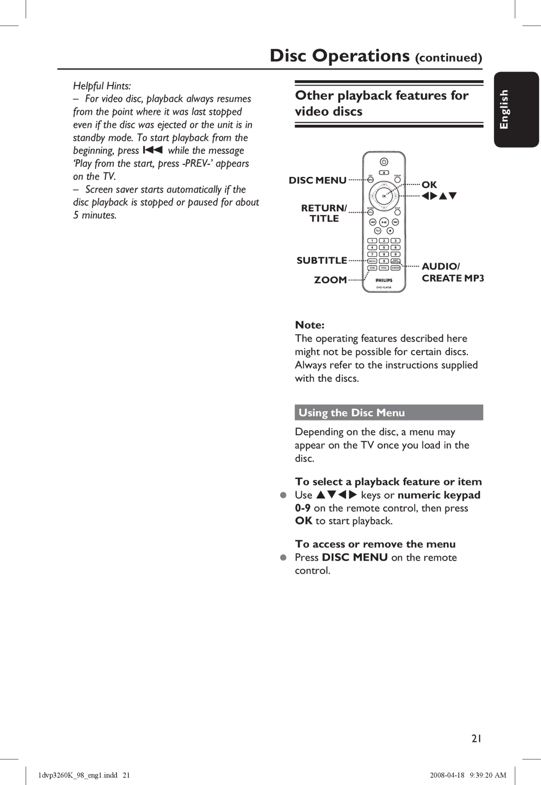 Philips DVP3260K/98 Other playback features for video discs, Using the Disc Menu, To select a playback feature or item 