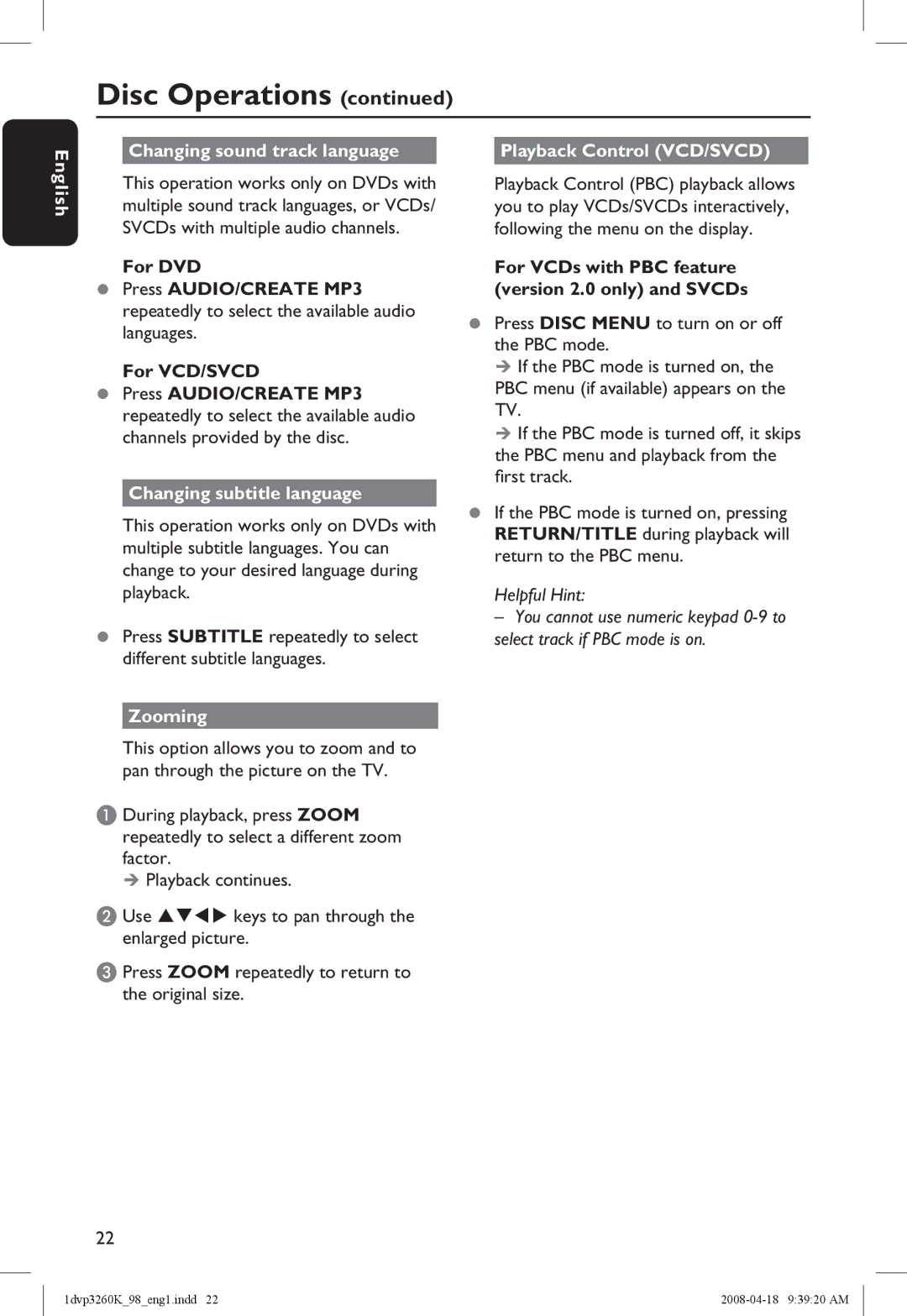 Philips DVP3260K/98 English Changing sound track language, Changing subtitle language, Playback Control VCD/SVCD, Zooming 