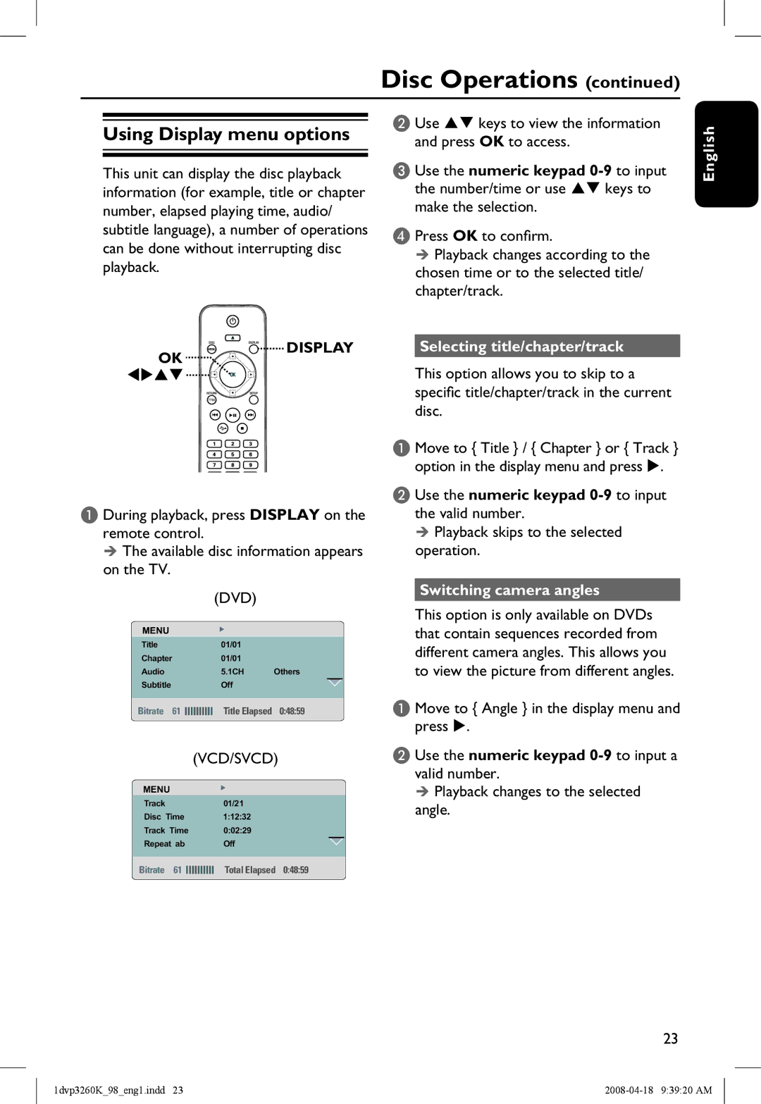 Philips DVP3260K/98 manual Using Display menu options, OK Display, Selecting title/chapter/track, Switching camera angles 