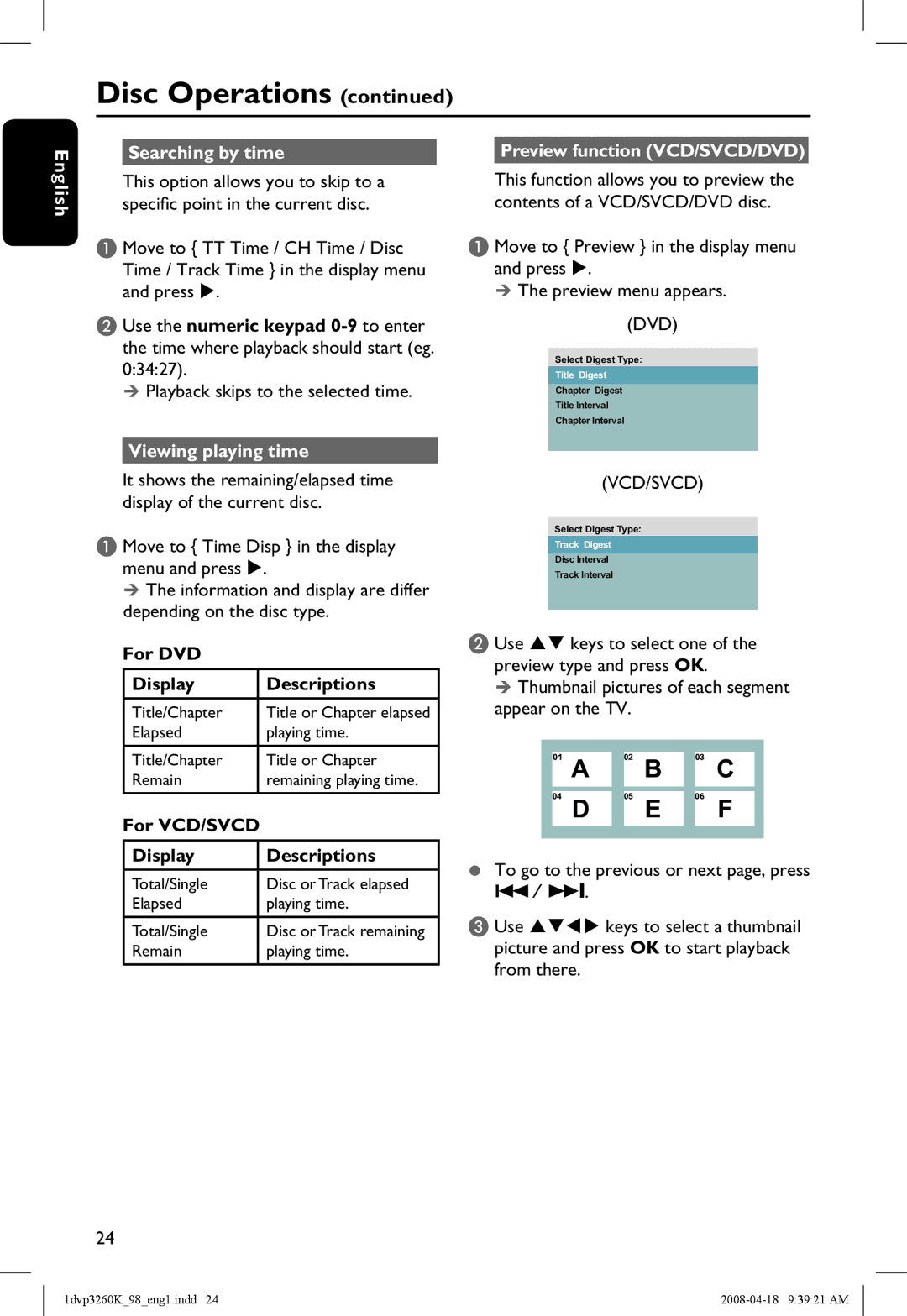 Philips DVP3260K/98 manual Searching by time Preview function VCD/SVCD/DVD English,  Playback skips to the selected time 