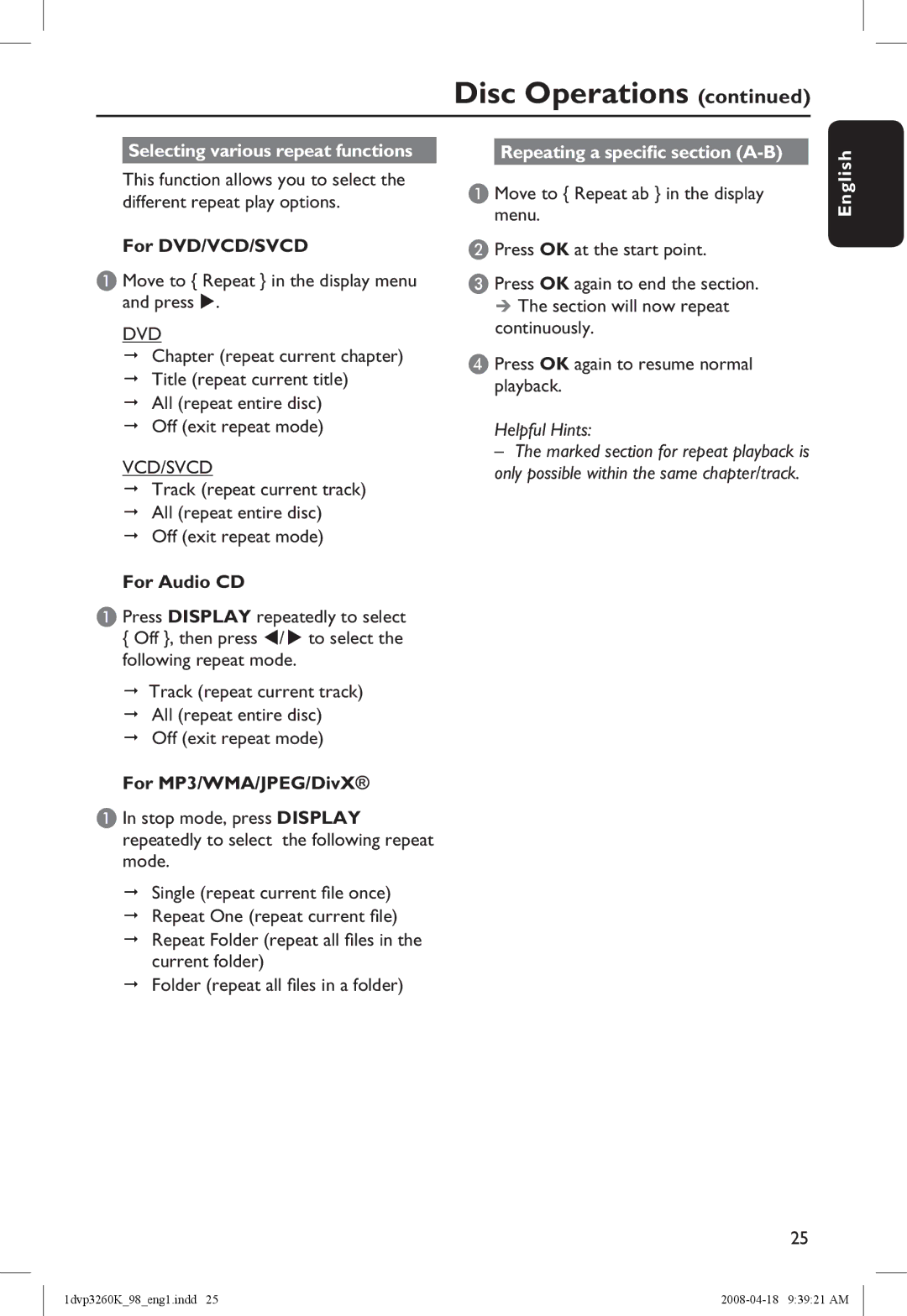 Philips DVP3260K/98 manual Selecting various repeat functions, For DVD/VCD/SVCD, For Audio CD, For MP3/WMA/JPEG/DivX 