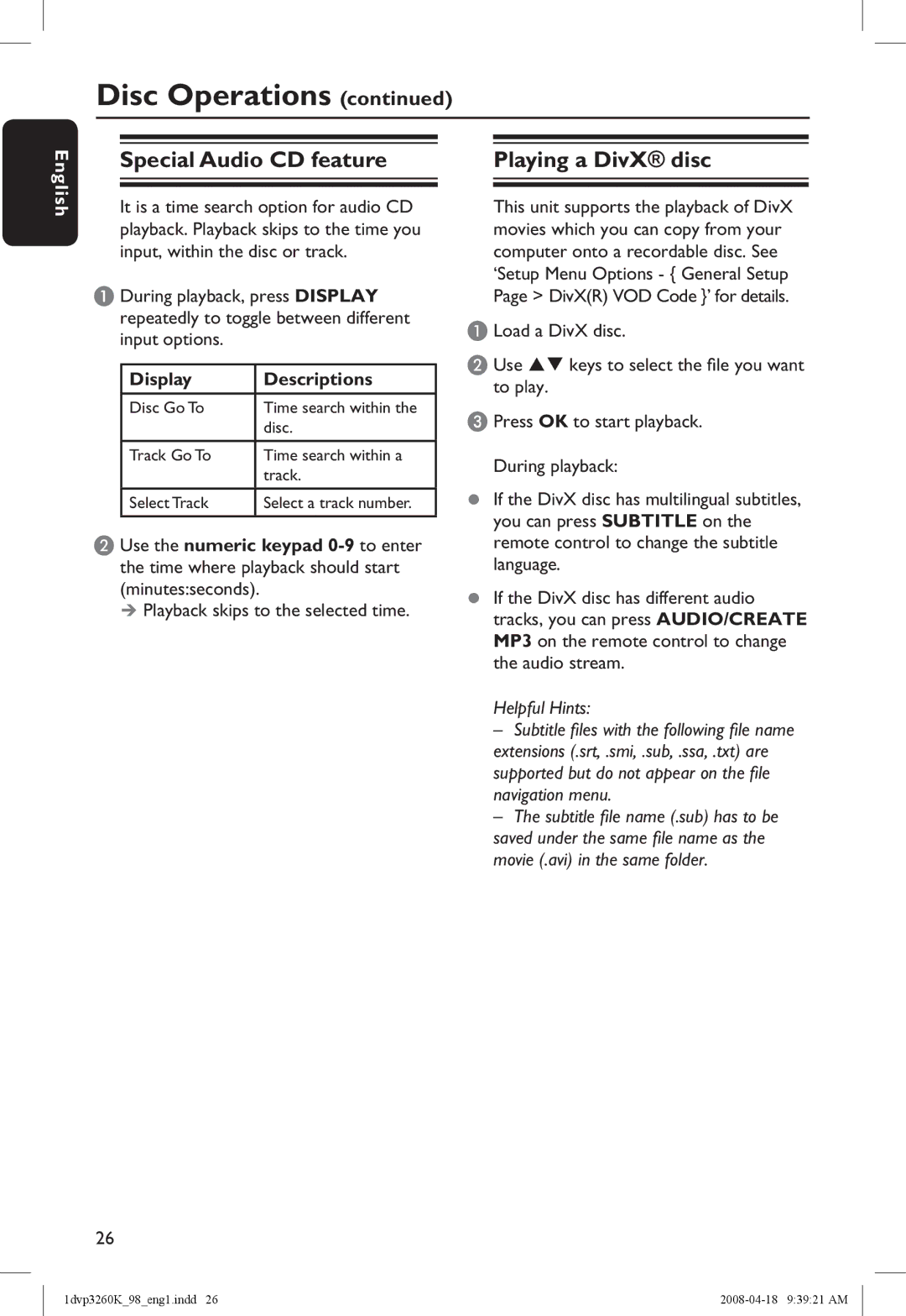 Philips DVP3260K/98 manual Special Audio CD feature, Playing a DivX disc, Display Descriptions 