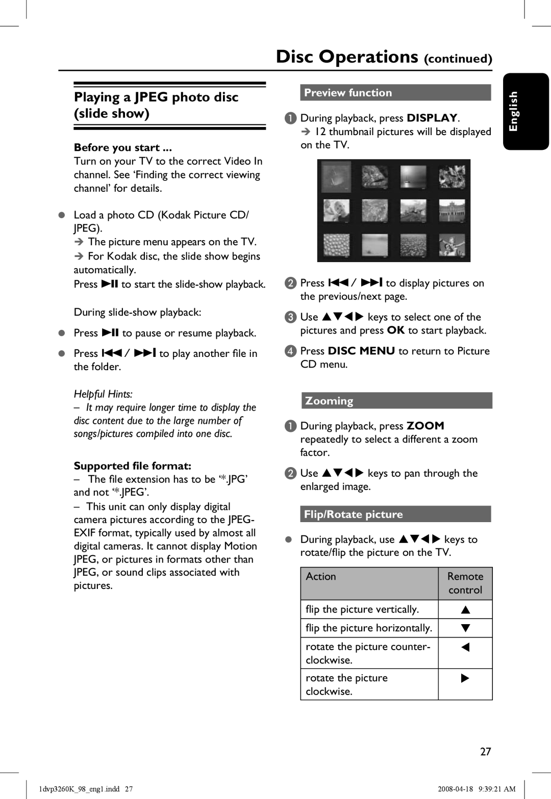 Philips DVP3260K/98 Playing a Jpeg photo disc slide show, Supported file format, Preview function, Flip/Rotate picture 