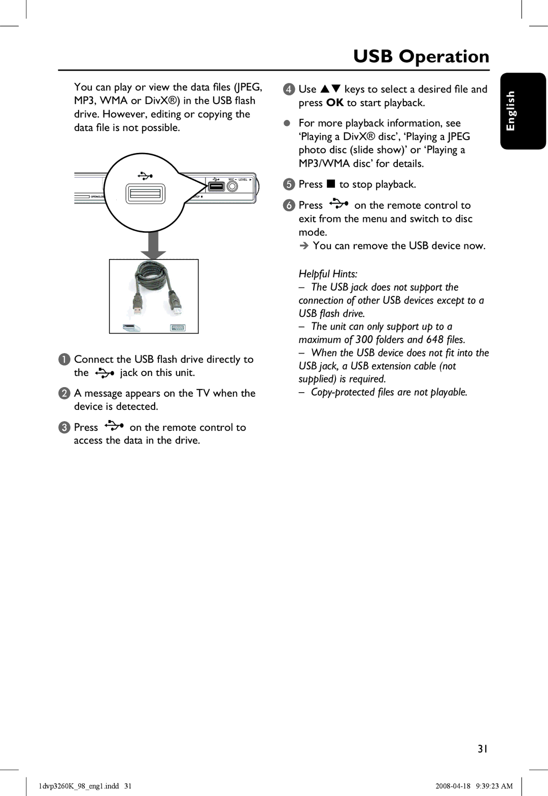 Philips DVP3260K/98 manual USB Operation 