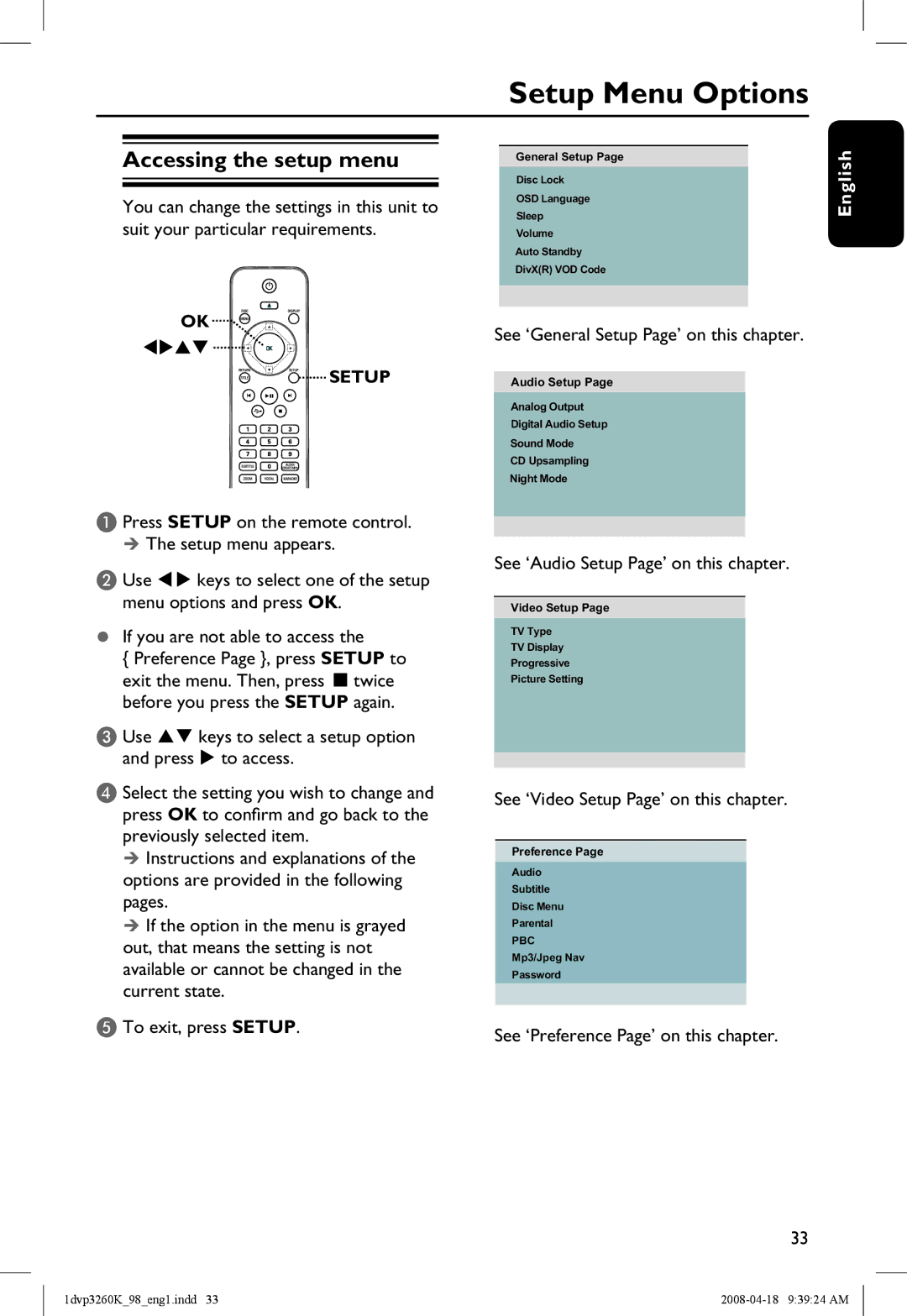 Philips DVP3260K/98 manual Setup Menu Options, Accessing the setup menu, See ‘Audio Setup Page’ on this chapter 