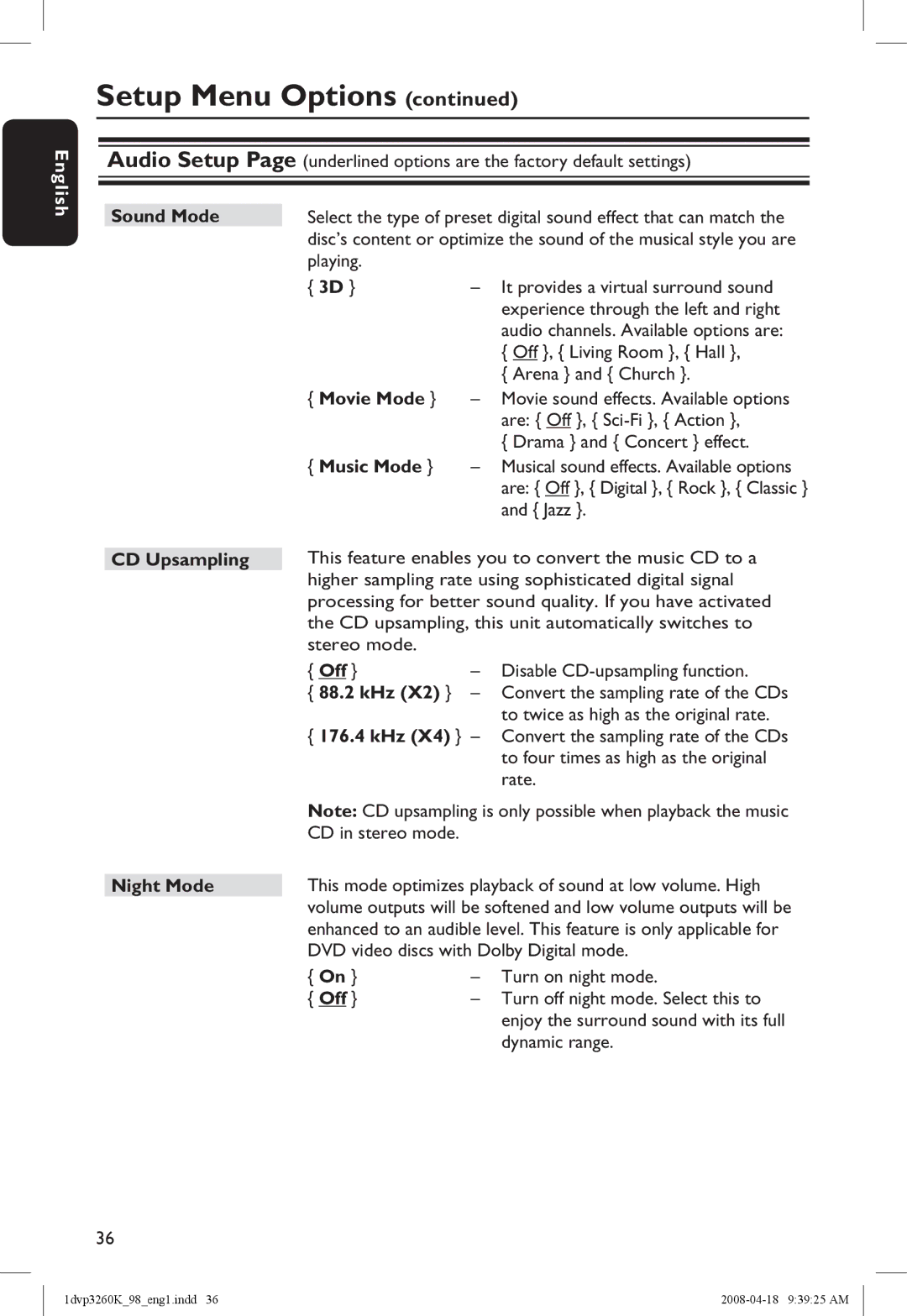 Philips DVP3260K/98 manual Sound Mode, Movie Mode, Music Mode, 88.2 kHz, Night Mode 