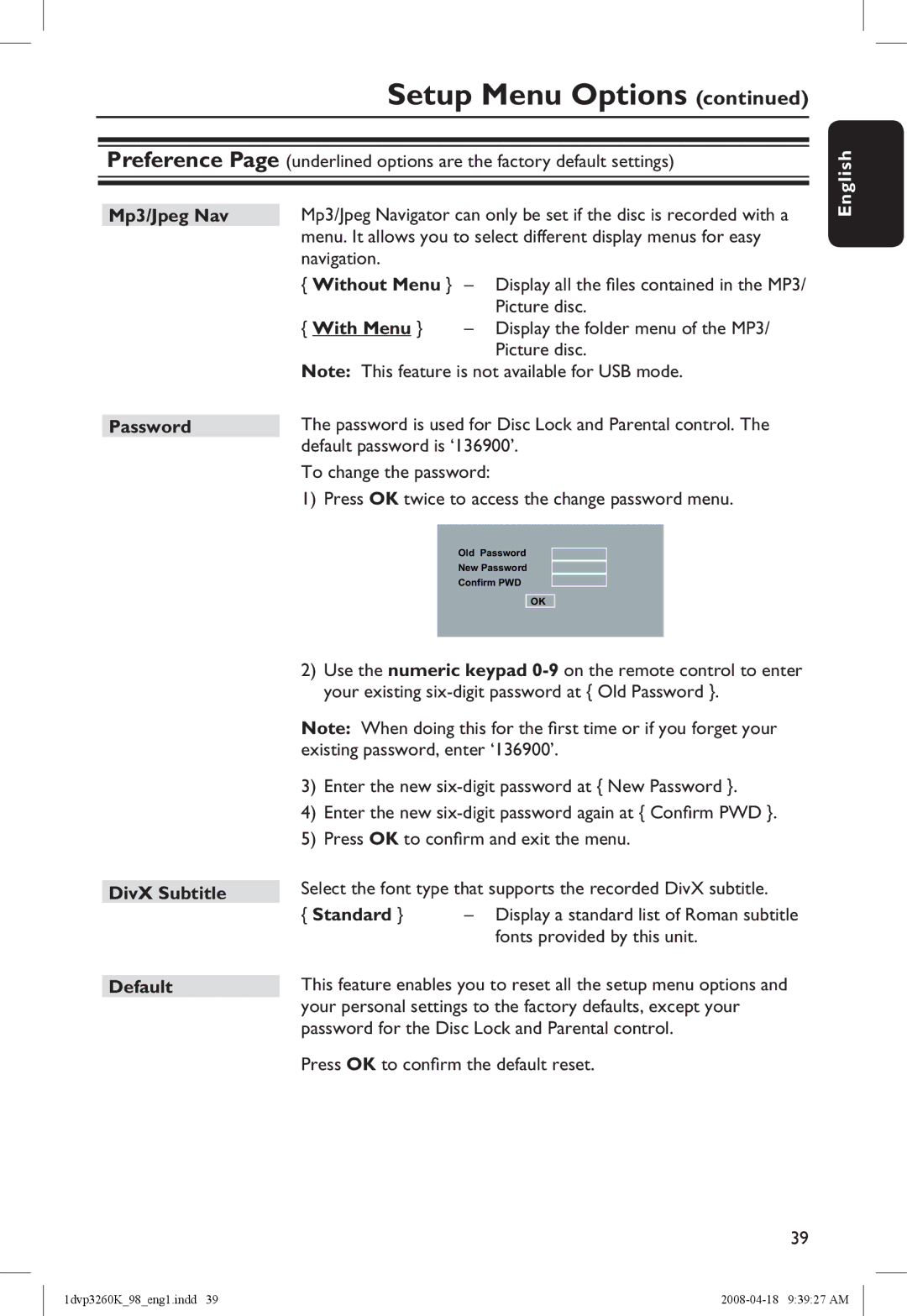 Philips DVP3260K/98 manual Mp3/Jpeg Nav Password, Without Menu, With Menu, DivX Subtitle Default 