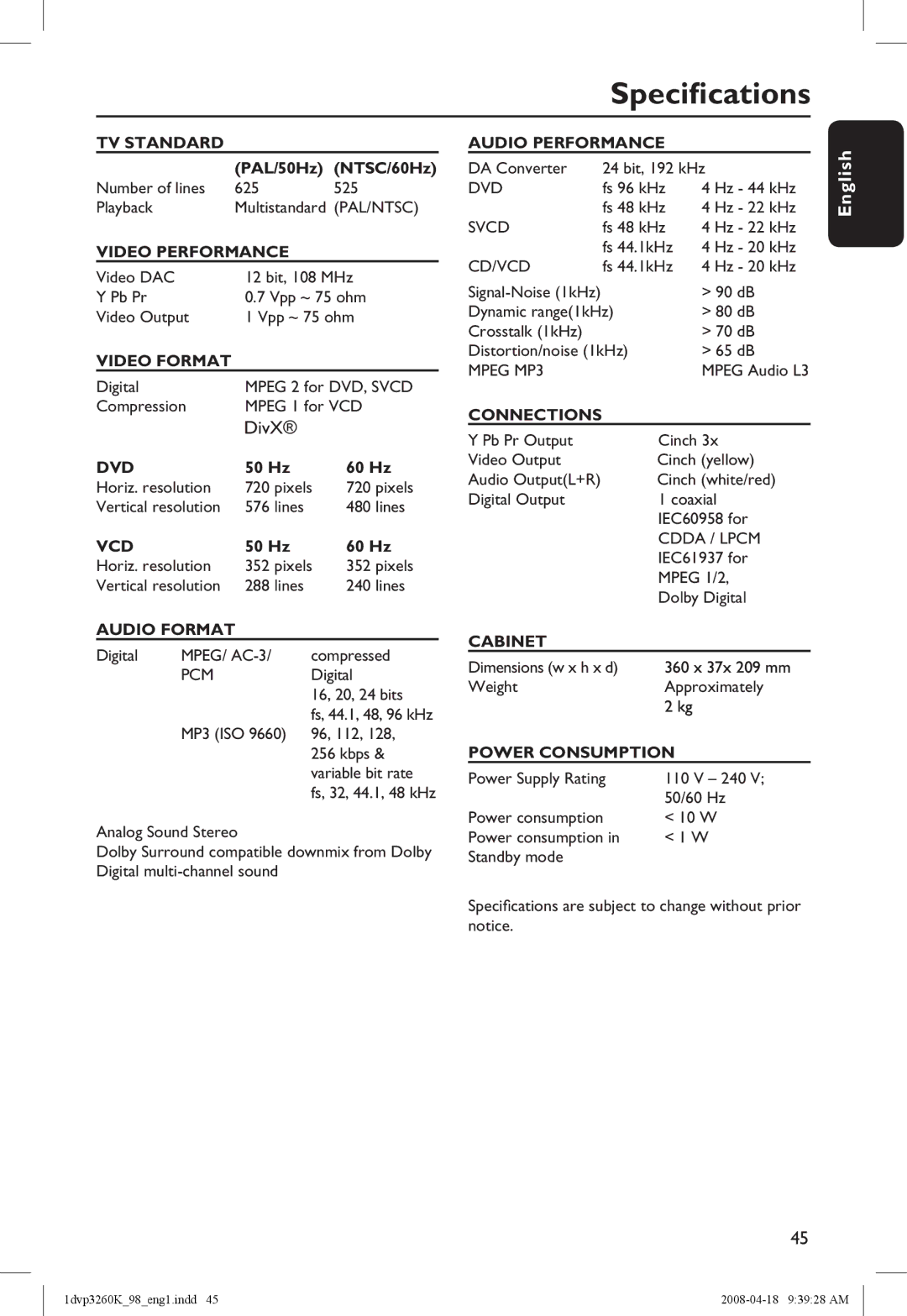 Philips DVP3260K/98 manual Specifications, DivX 