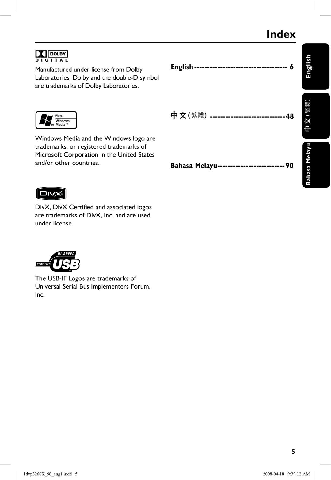 Philips DVP3260K/98 manual Index, Manufactured under license from Dolby, Are trademarks of Dolby Laboratories, English 