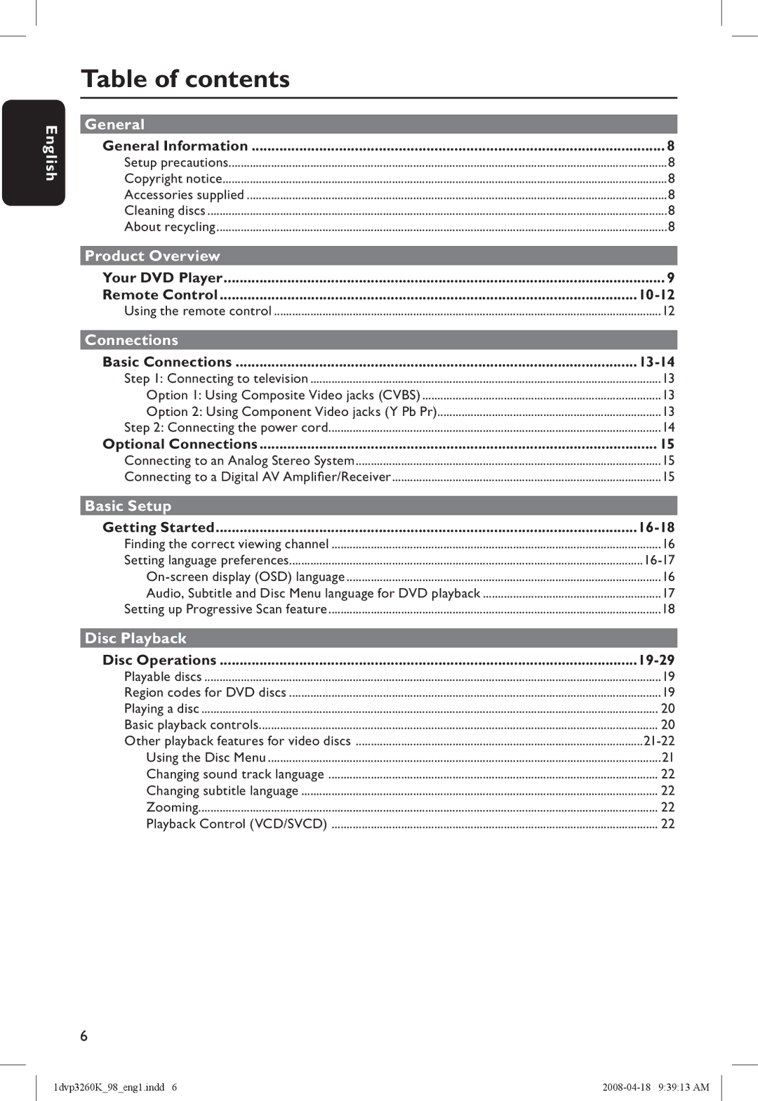 Philips DVP3260K/98 manual Table of contents 