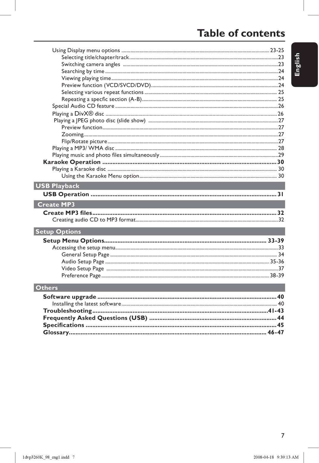 Philips DVP3260K/98 manual Table of contents 