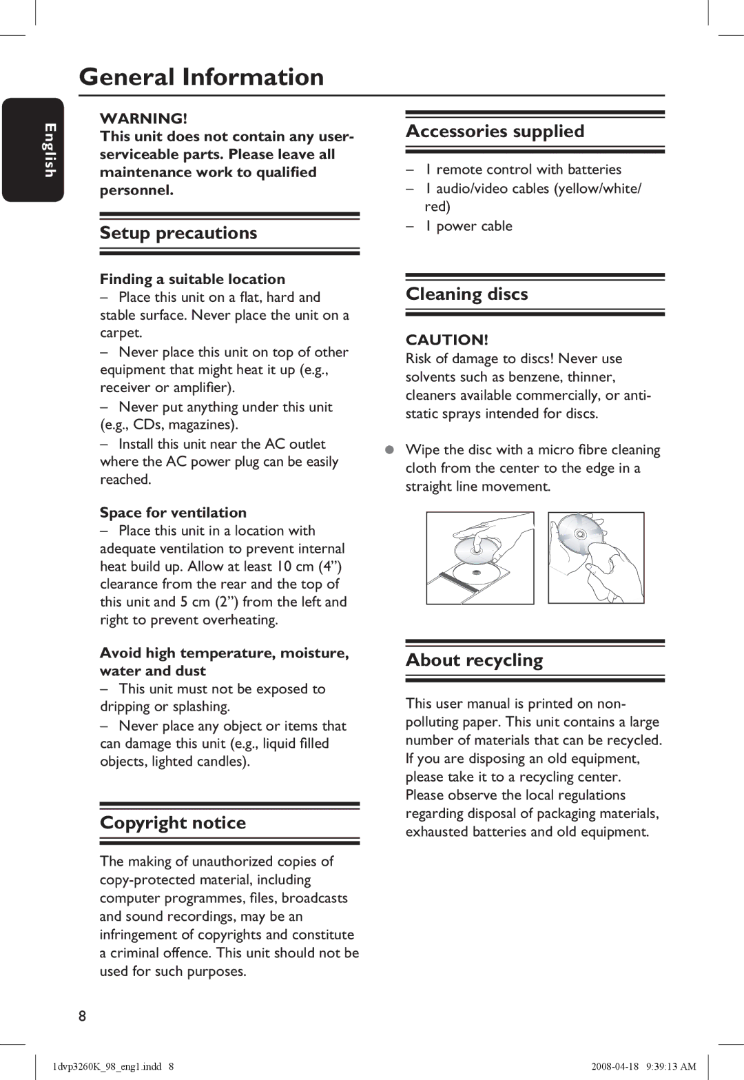 Philips DVP3260K/98 manual General Information 