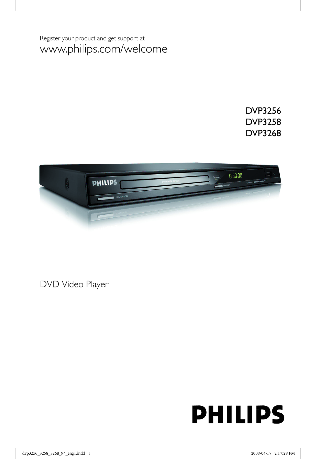 Philips DVP3258X/94 manual DVP3256 DVP3258 DVP3268 DVD Video Player, Register your product and get support at 