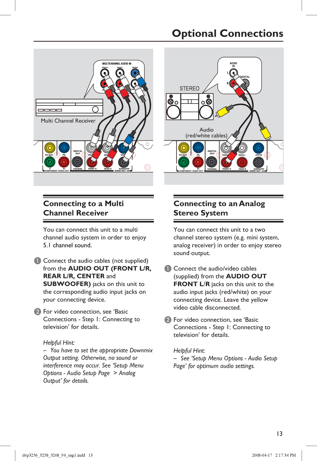 Philips DVP3258X/94 Optional Connections, Connecting to a Multi Channel Receiver, Connecting to an Analog Stereo System 