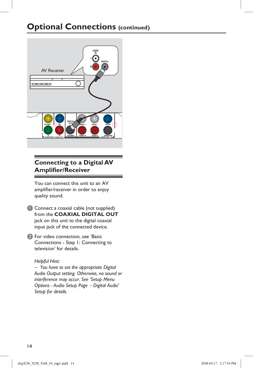 Philips DVP3268, DVP3258X/94 manual Connecting to a Digital AV Amplifier/Receiver 