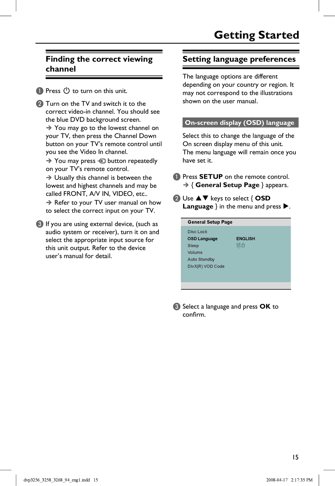 Philips DVP3268, DVP3258X/94 manual Getting Started, Finding the correct viewing channel, Setting language preferences 