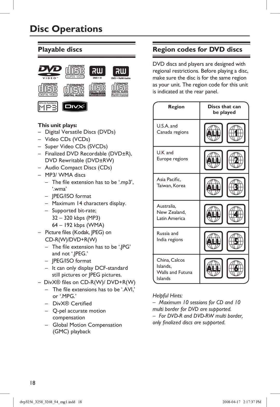 Philips DVP3268, DVP3258X/94 manual Disc Operations, Playable discs, Region codes for DVD discs, This unit plays 