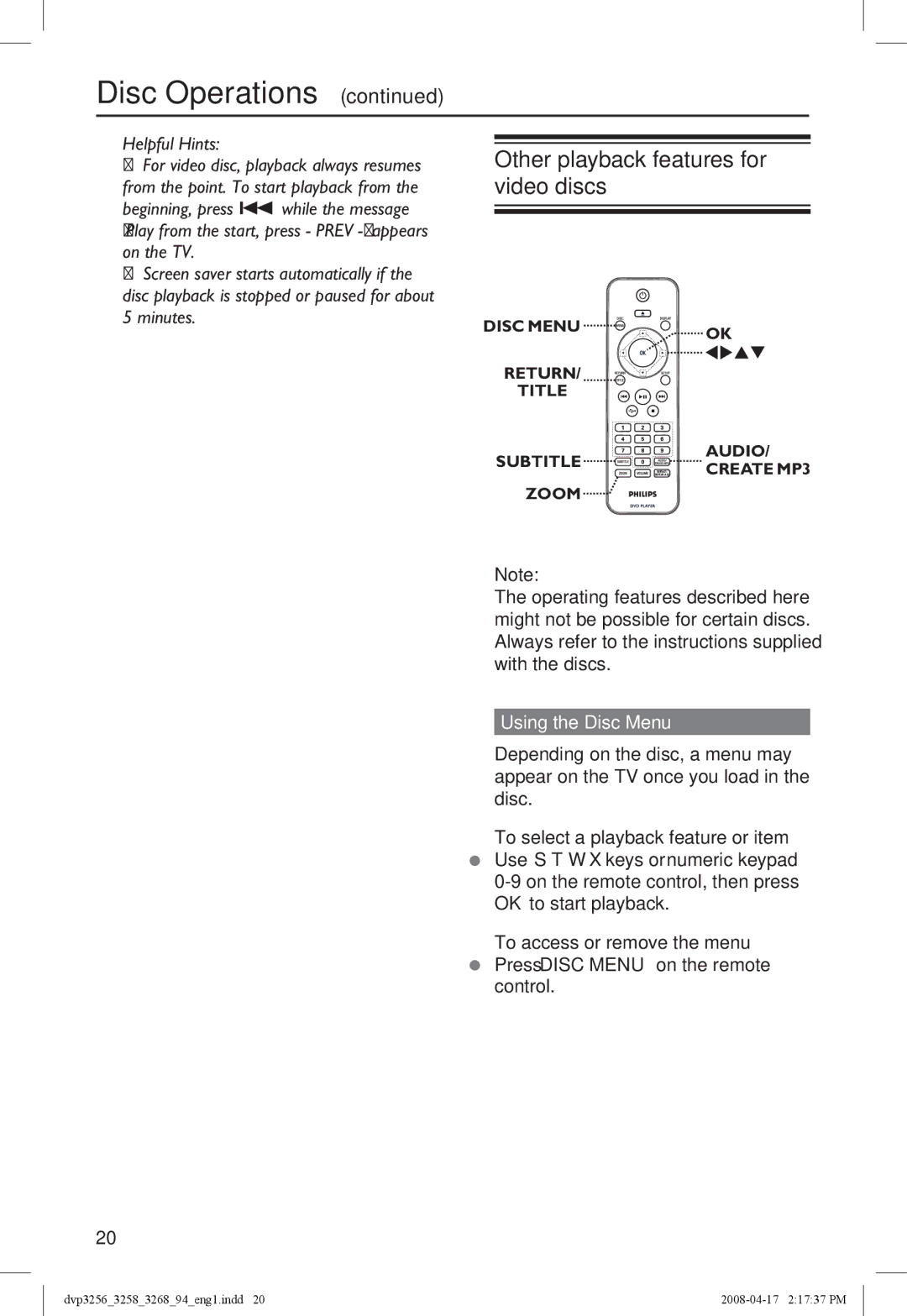 Philips DVP3258X manual Other playback features for video discs, Using the Disc Menu, To select a playback feature or item 