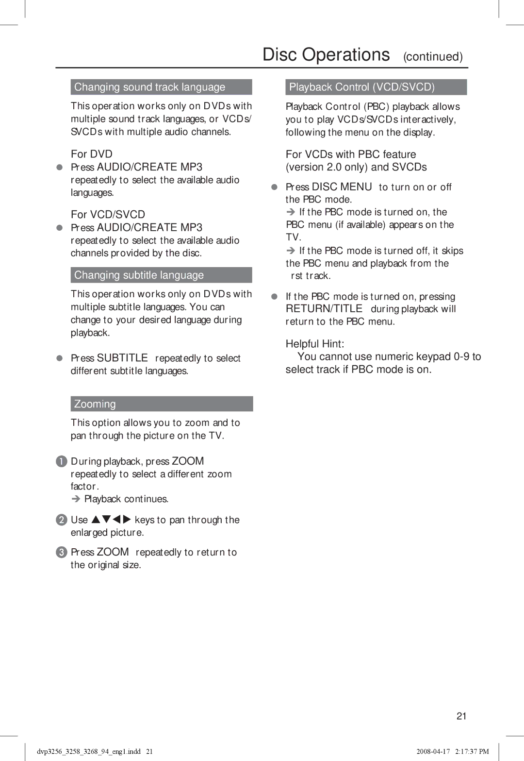 Philips DVP3268, DVP3258X/94 Changing sound track language, Changing subtitle language, Zooming, Playback Control VCD/SVCD 