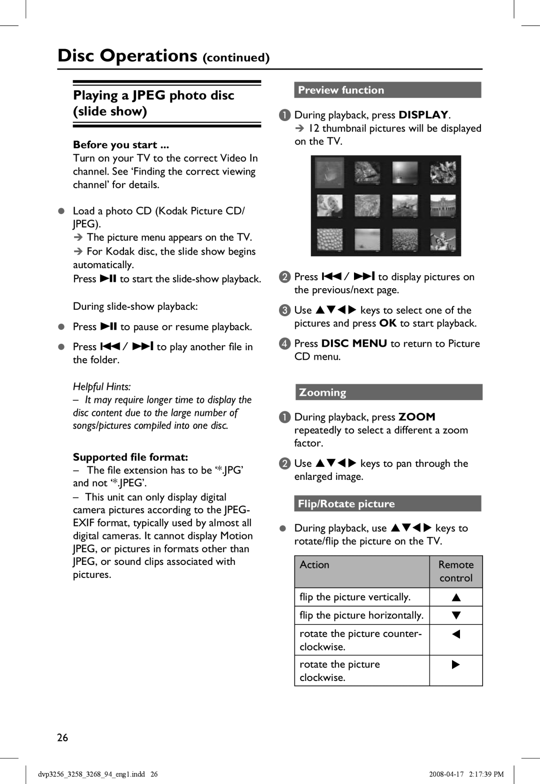 Philips DVP3258X manual Playing a Jpeg photo disc slide show, Supported file format, Preview function, Flip/Rotate picture 